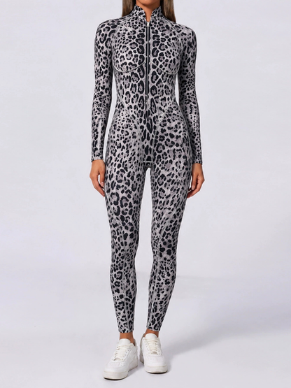 Grey Leopard Zipper Long Sleeve Gym Jumpsuit