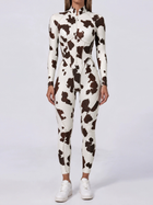 Women Cow Print Zipper Long Sleeve Jumpsuit