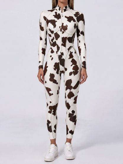 Women Cow Print Zipper Long Sleeve Jumpsuit