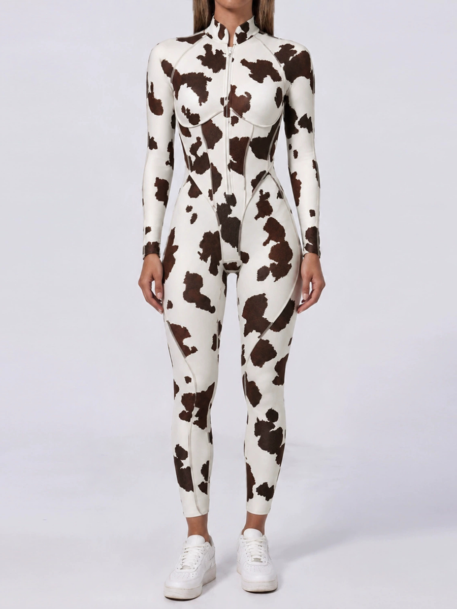 Women Cow Print Zipper Long Sleeve Jumpsuit