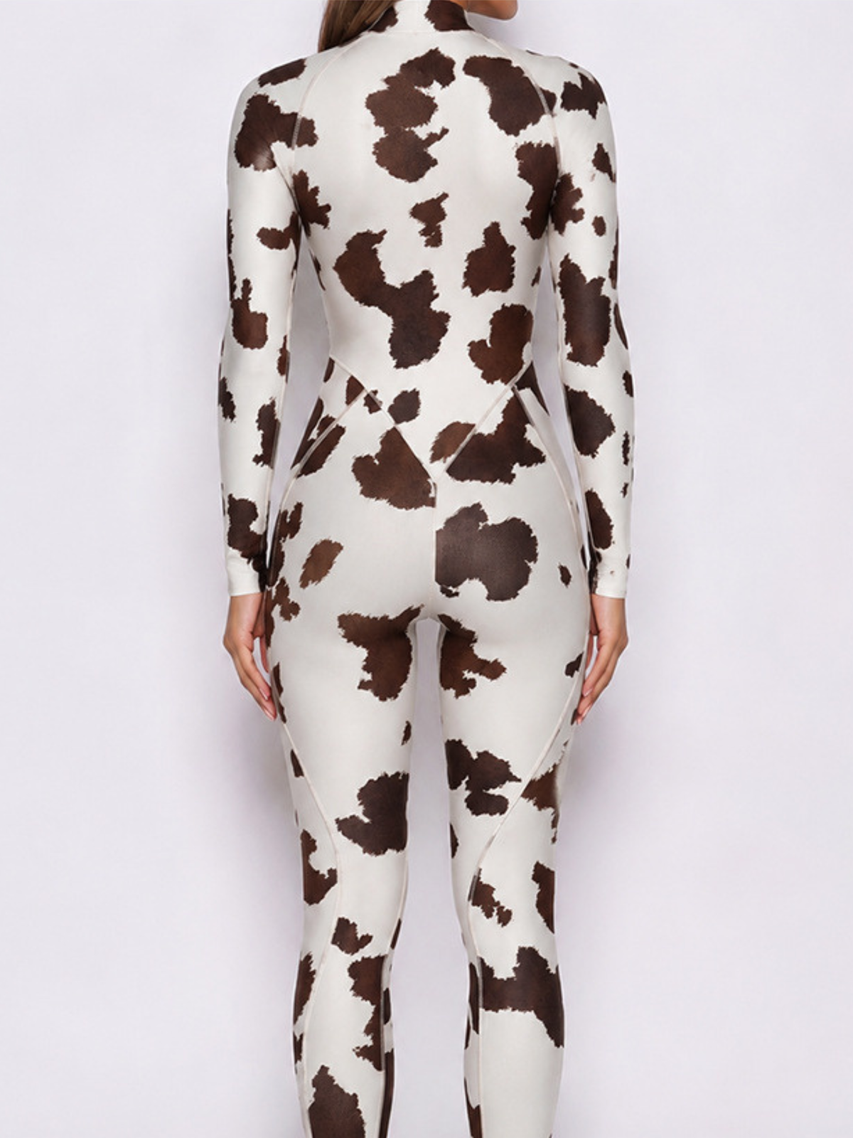 Women Cow Print Zipper Long Sleeve Jumpsuit