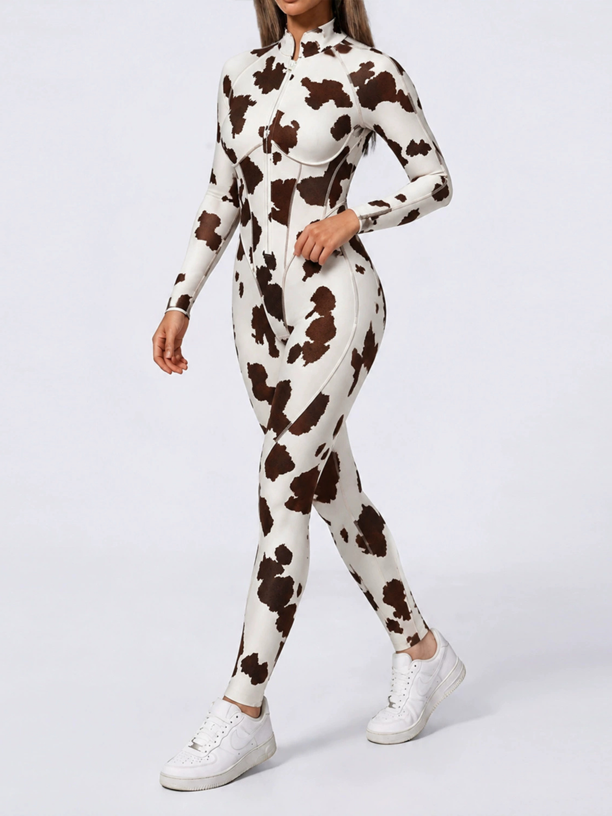 Women Cow Print Zipper Long Sleeve Jumpsuit