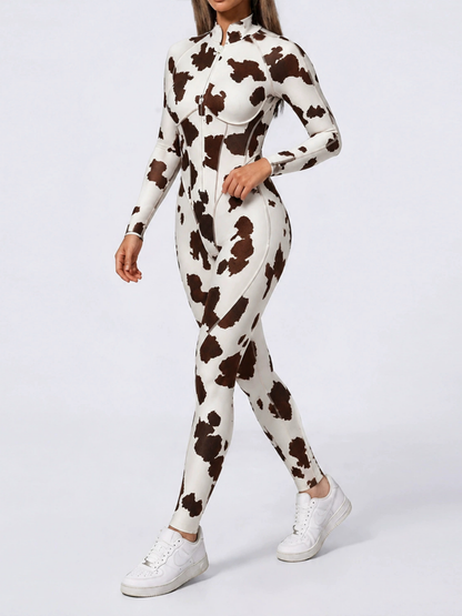 Women Cow Print Zipper Long Sleeve Jumpsuit