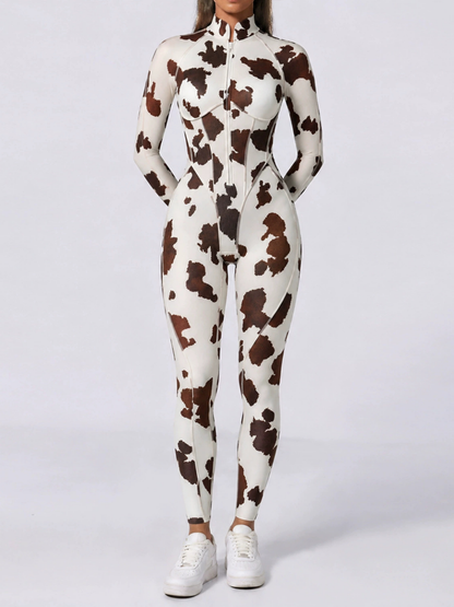 Women Cow Print Zipper Long Sleeve Jumpsuit