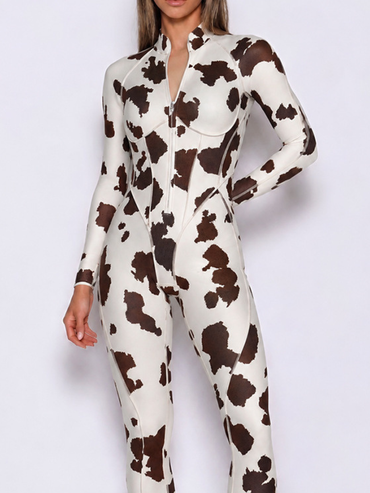 Women Cow Print Zipper Long Sleeve Jumpsuit