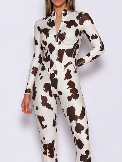 Women Cow Print Zipper Long Sleeve Jumpsuit