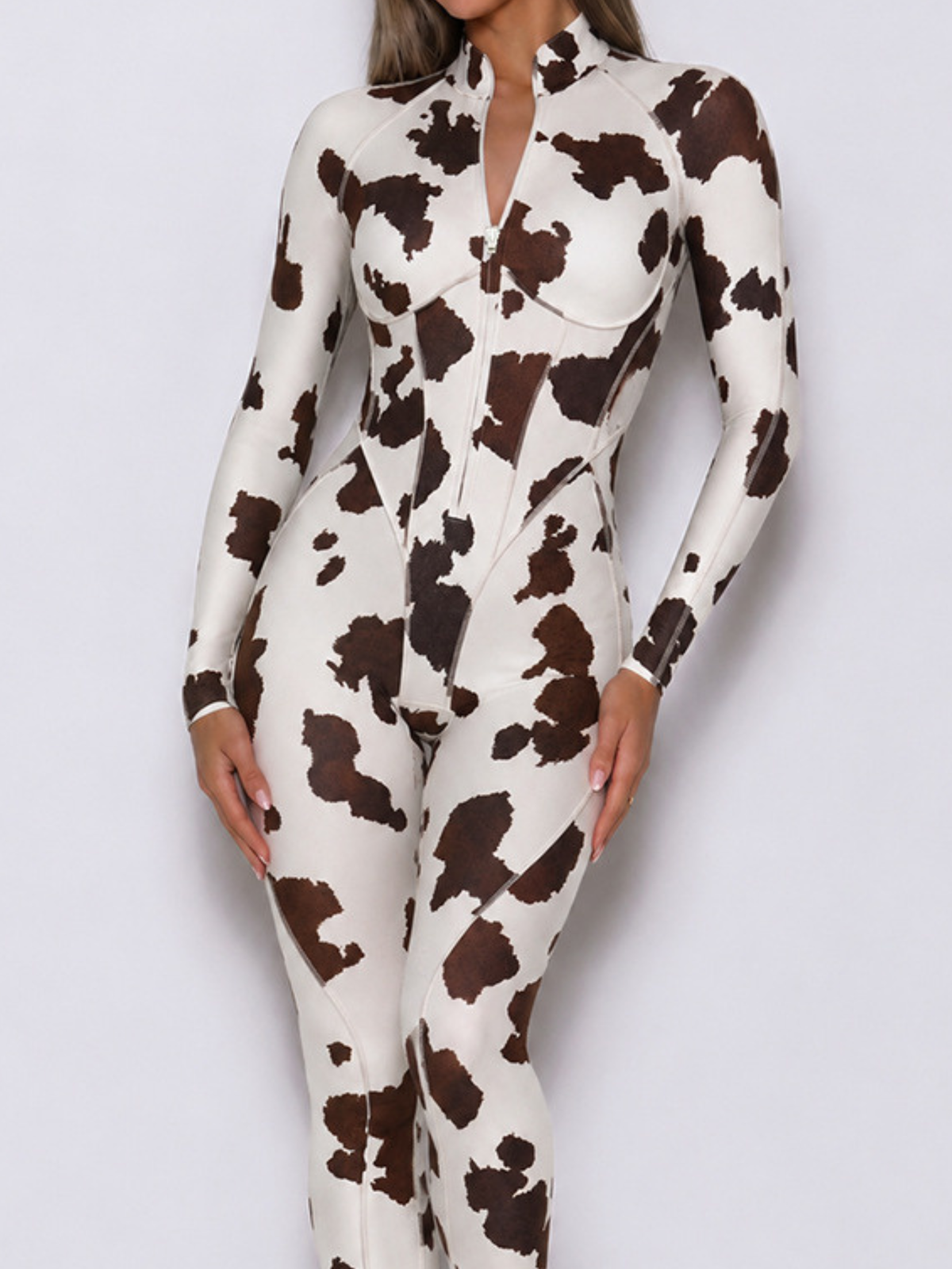 Women Cow Print Zipper Long Sleeve Jumpsuit