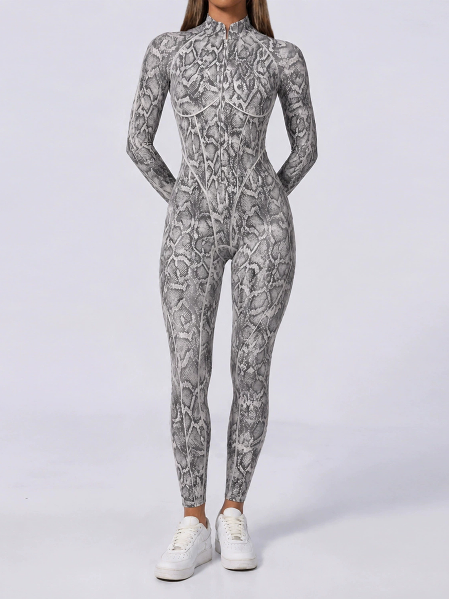 Women Grey Snake Print Zipper Jumpsuit