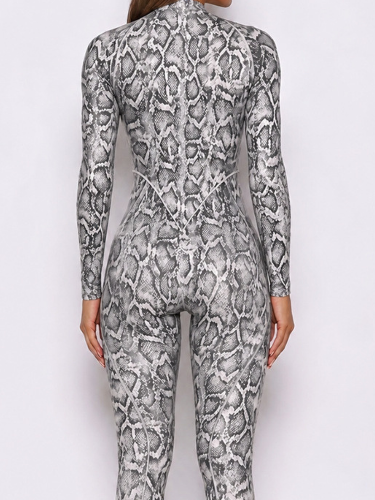 Women Grey Snake Print Zipper Jumpsuit