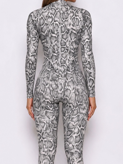 Women Grey Snake Print Zipper Jumpsuit