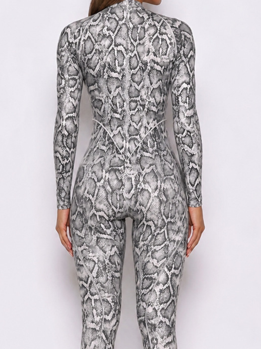 Women Grey Snake Print Zipper Jumpsuit