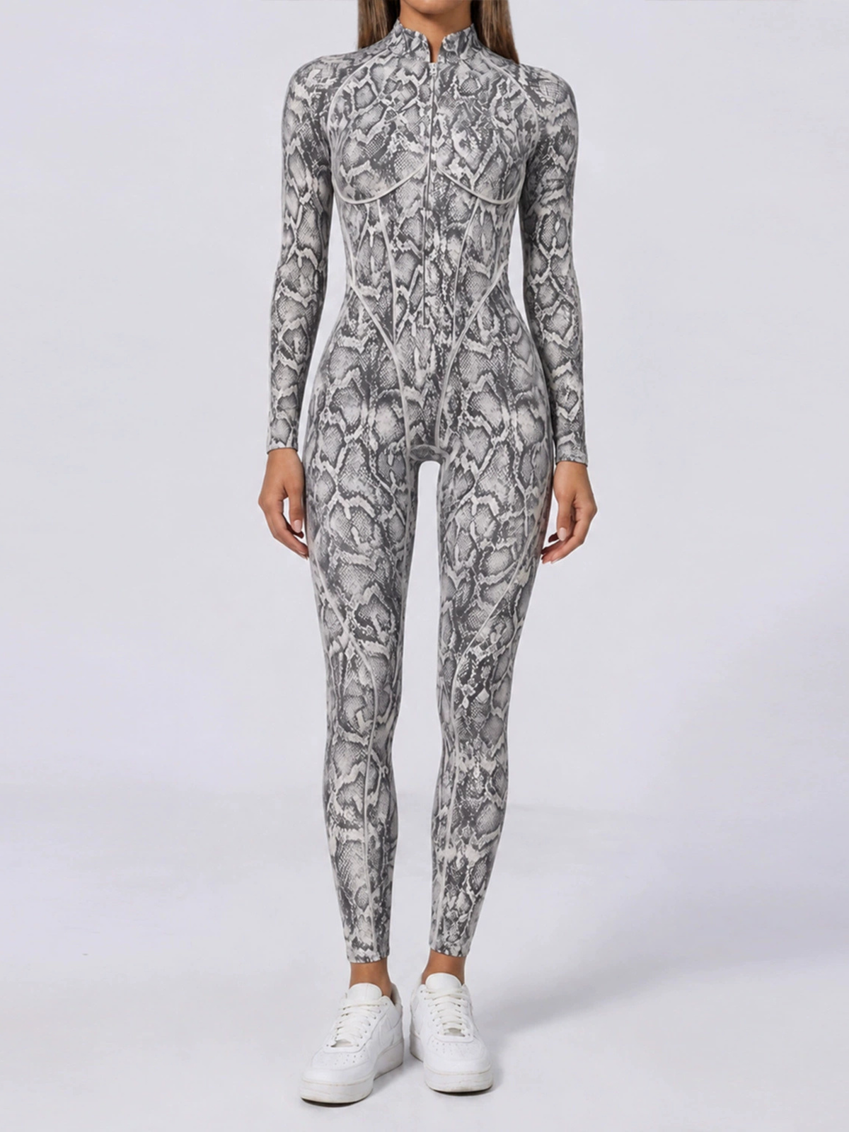 Women Grey Snake Print Zipper Jumpsuit