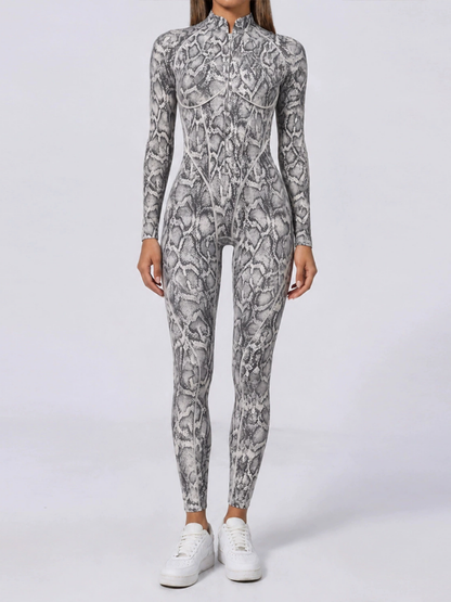 Women Grey Snake Print Zipper Jumpsuit