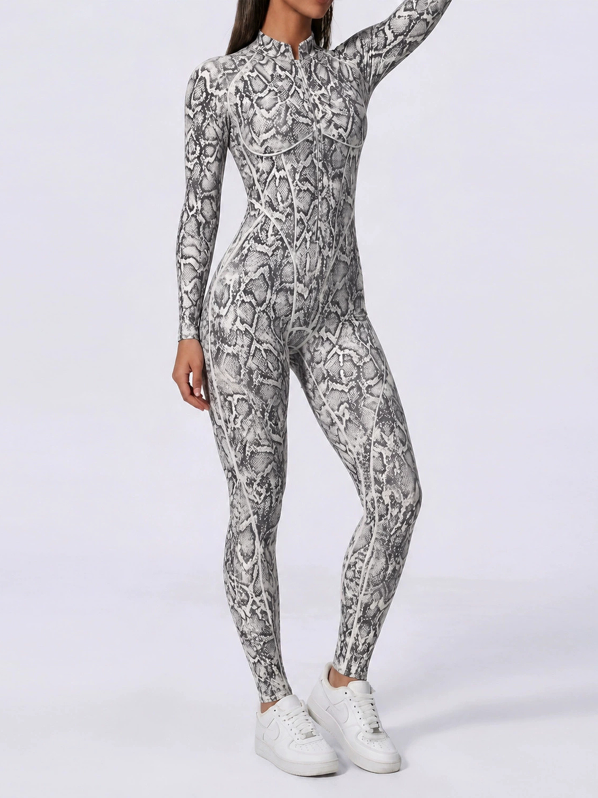 Women Grey Snake Print Zipper Jumpsuit