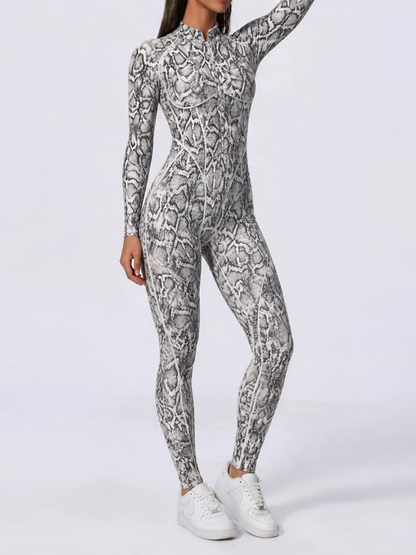 Women Grey Snake Print Zipper Jumpsuit