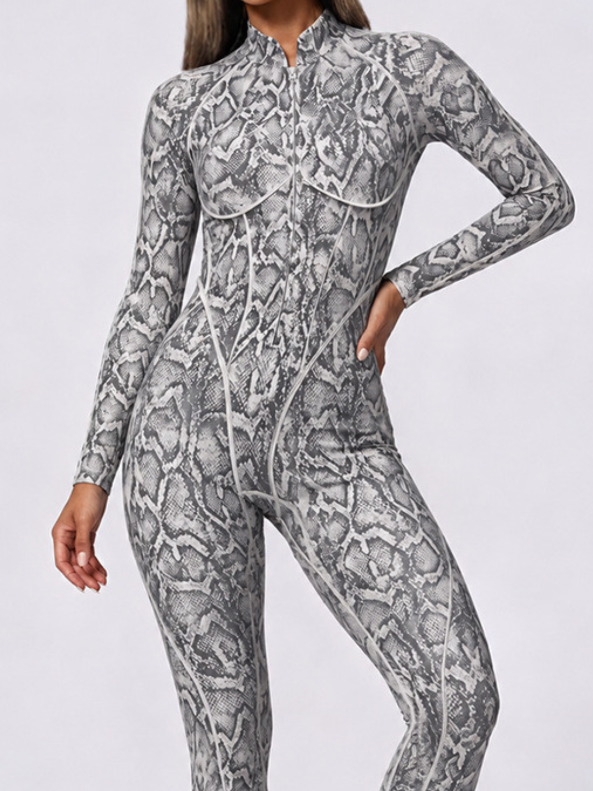 Women Grey Snake Print Zipper Jumpsuit