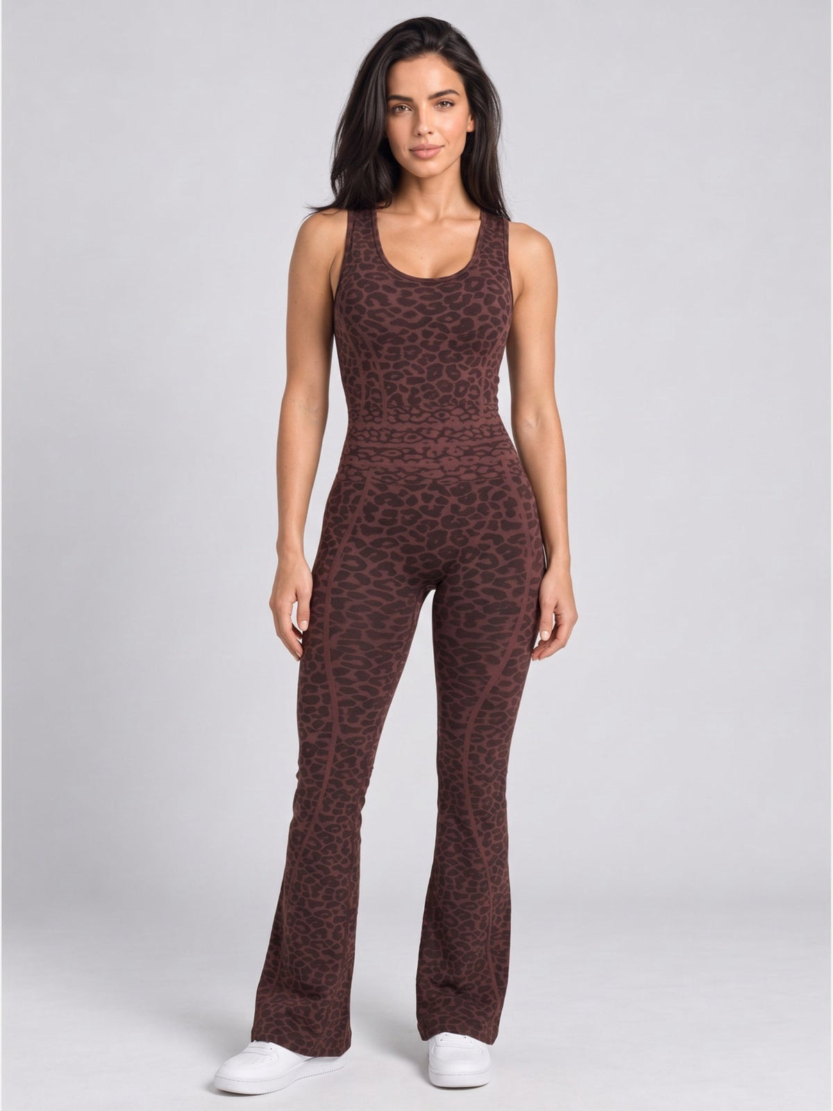 Women's Leopard Print Backless Flare Jumpsuit