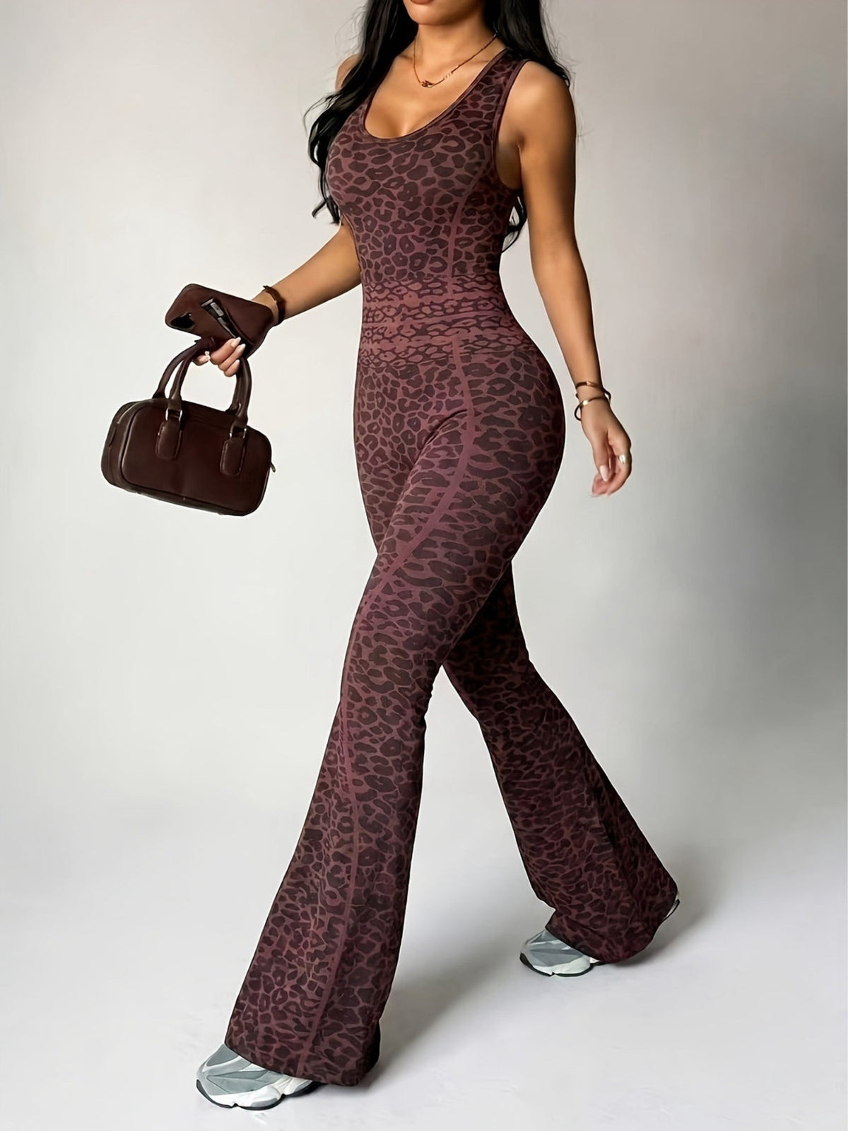 Women's Leopard Print Backless Flare Jumpsuit