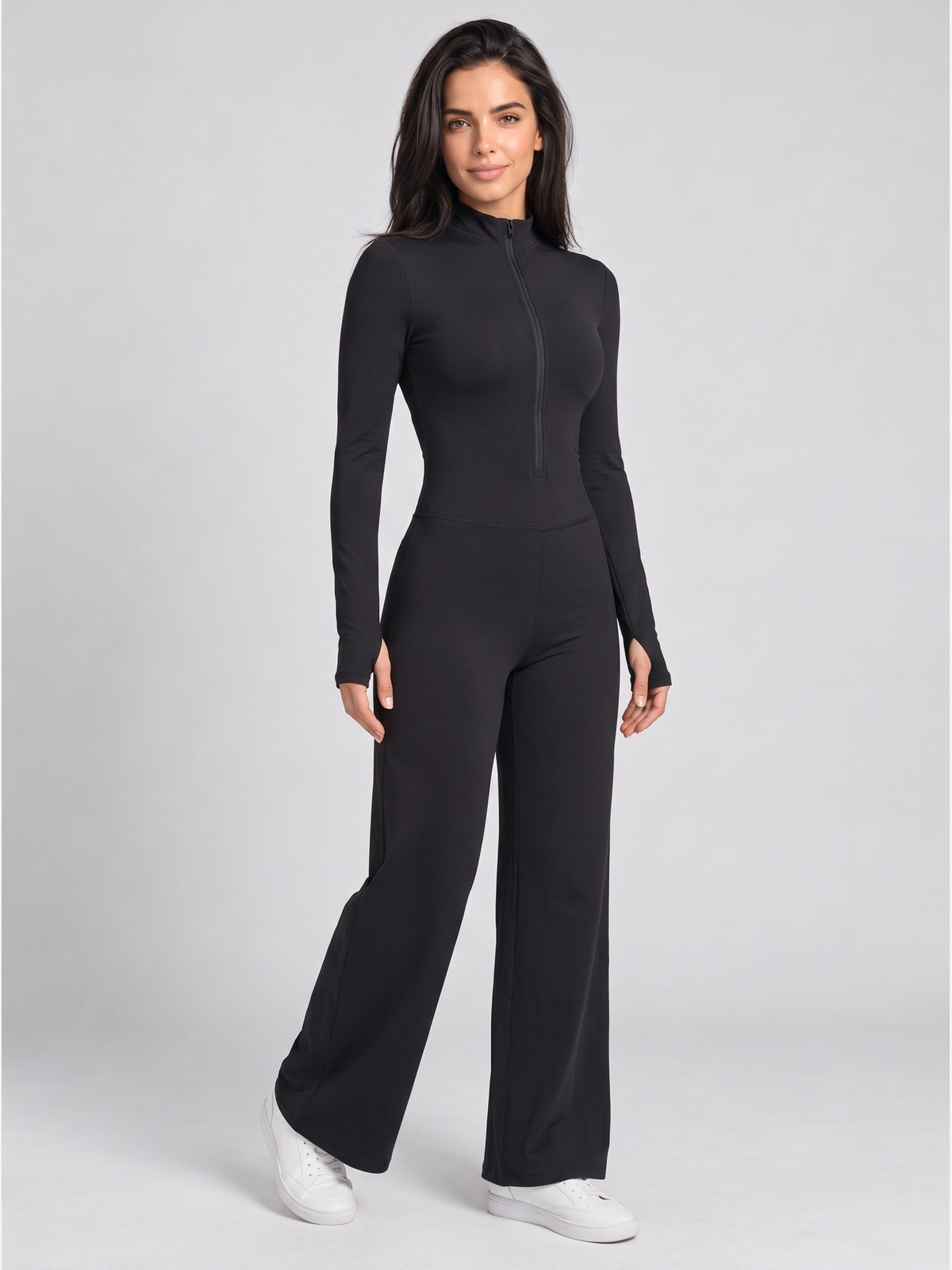 Women's Zipper Long Sleeve Wide Leg Jumpsuit