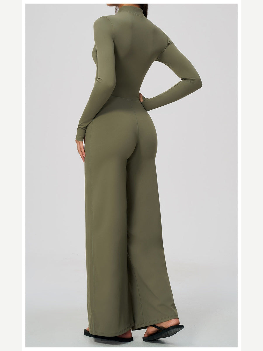 Women's Zipper Long Sleeve Wide Leg Jumpsuit