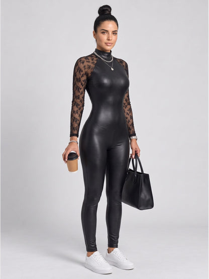Black Faux Leather & Lace Bodycon Jumpsuit