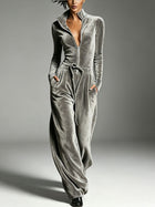 Velour High Collar Zip-Front Wide-Leg Jumpsuit