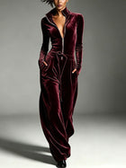 Velour High Collar Zip-Front Wide-Leg Jumpsuit