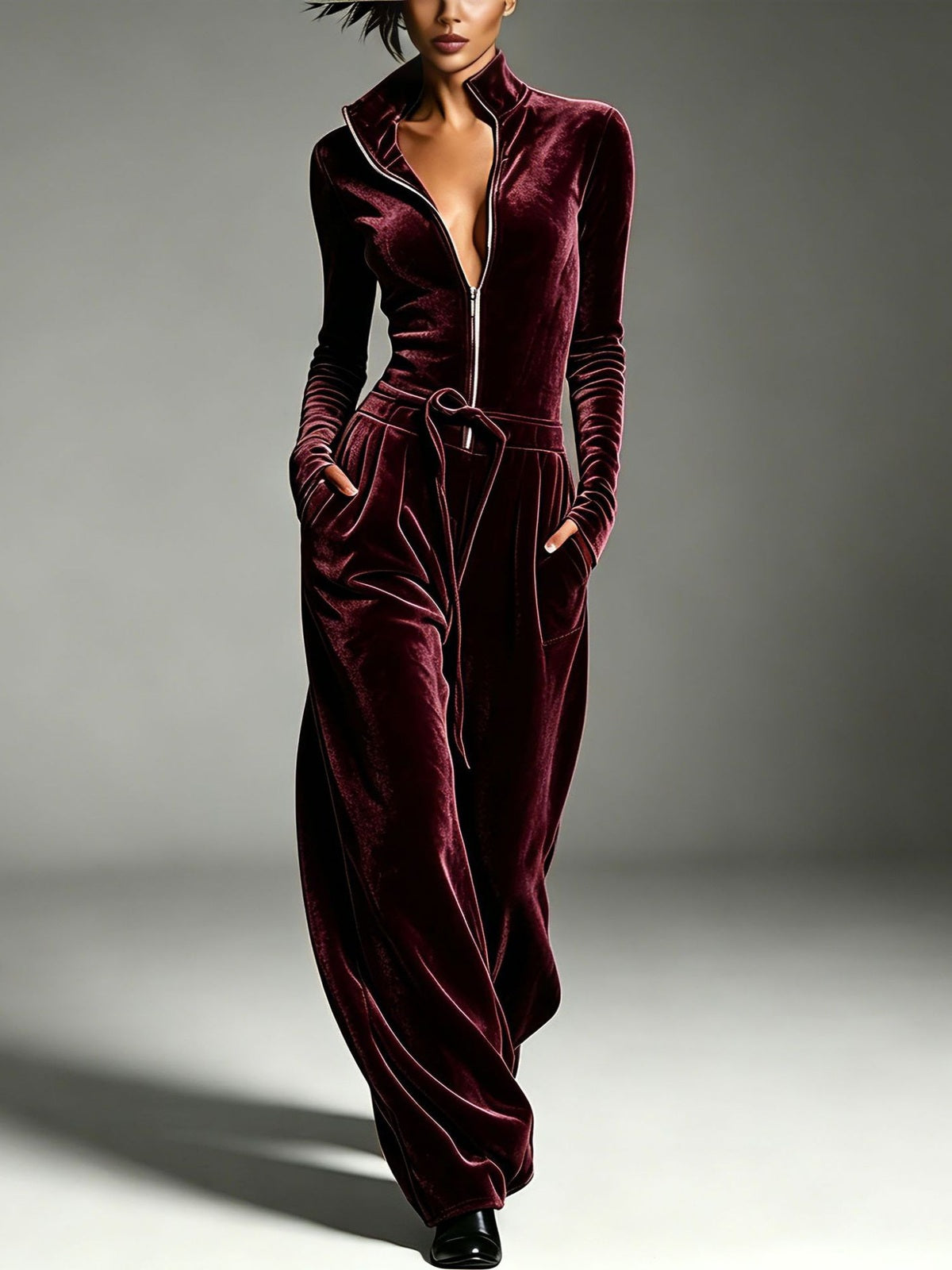 Velour High Collar Zip-Front Wide-Leg Jumpsuit