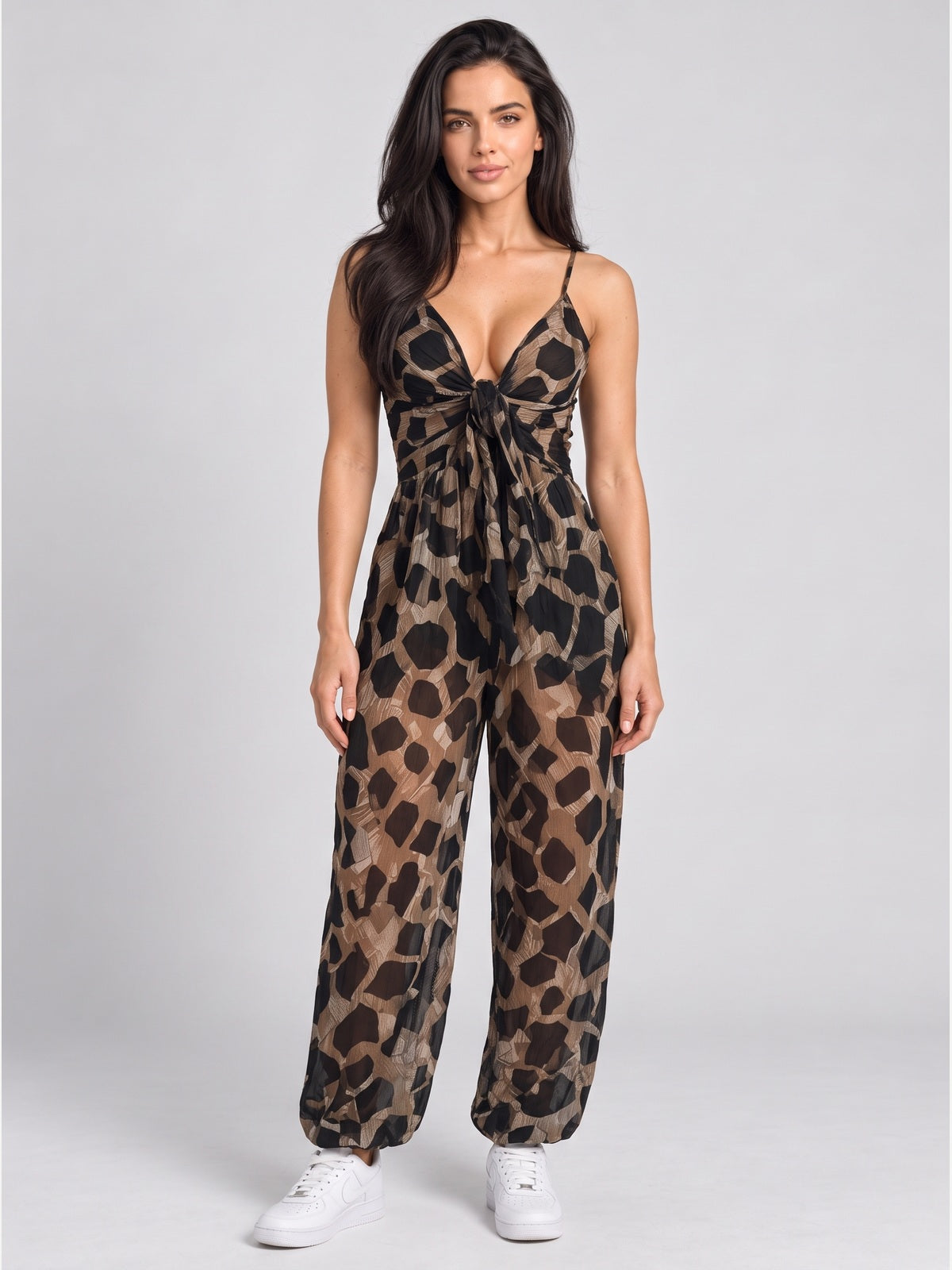 Leopard Print Deep V-Neck Twist Front Wide Leg Jumpsuit