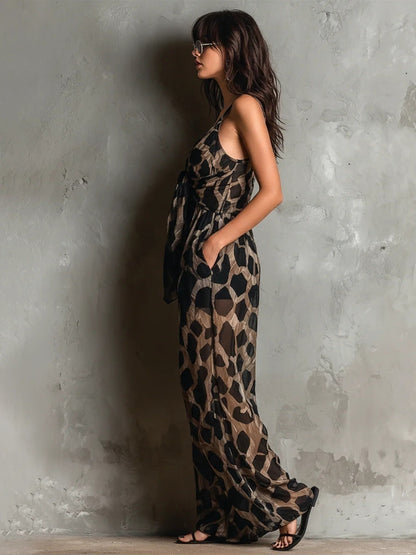 Leopard Print Deep V-Neck Twist Front Wide Leg Jumpsuit