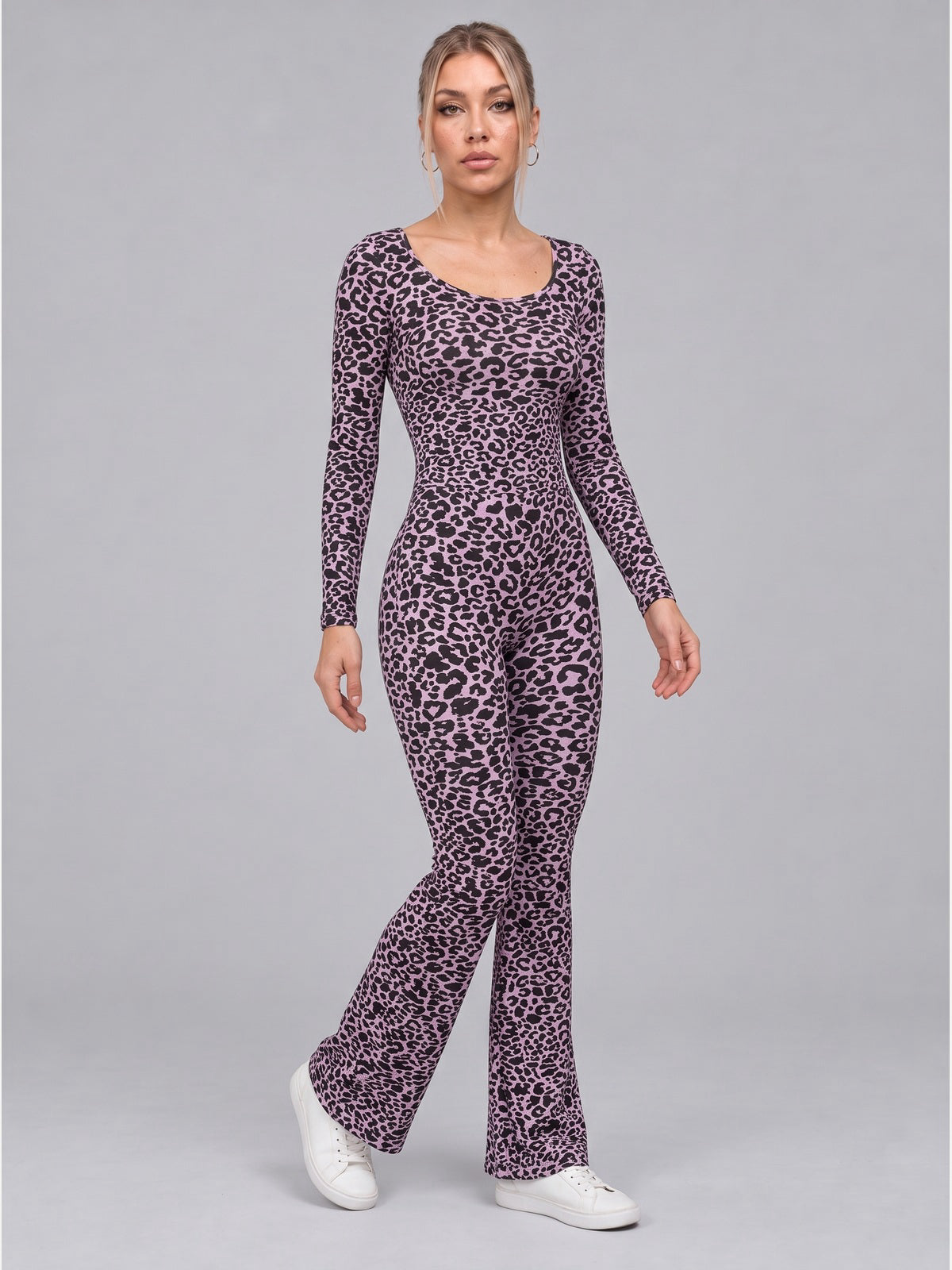 Women's Leopard Print Scoop Neck Flared Jumpsuit