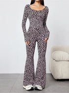 Women's Leopard Print Scoop Neck Flared Jumpsuit