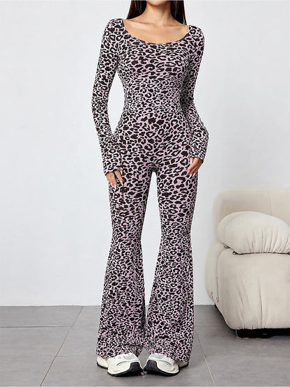 Women's Leopard Print Scoop Neck Flared Jumpsuit