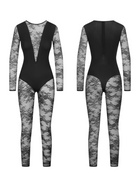 Black Lace Mesh Deep V-Neck Long Sleeve Jumpsuit