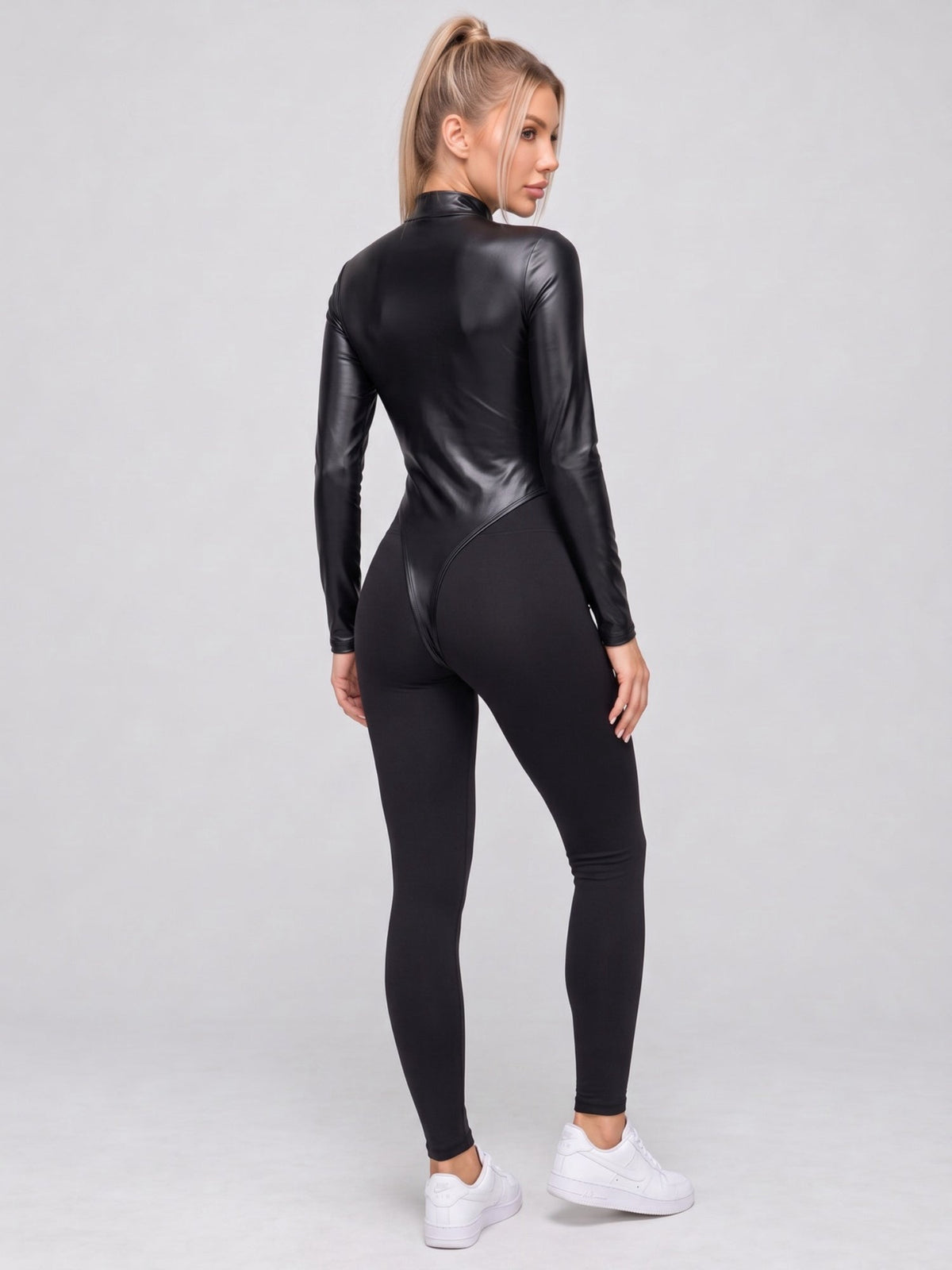 Faux Leather Panel Zip-Front Jumpsuit