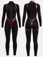 Sculpting Faux Leather Spliced Long Sleeve Jumpsuit