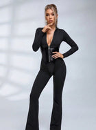 Sculpting Zipper Flare Jumpsuit with Glossy Panels
