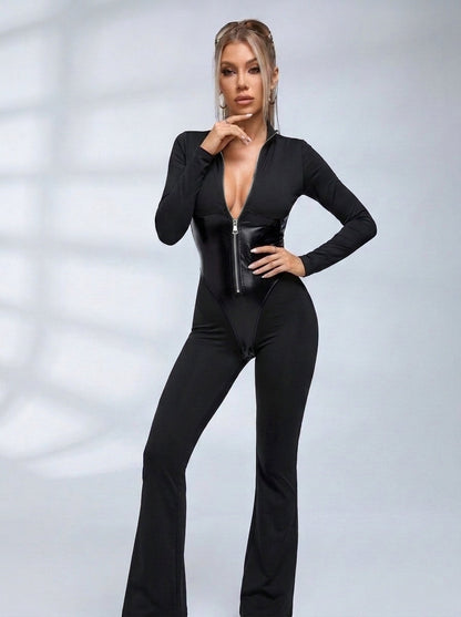 Sculpting Zipper Flare Jumpsuit with Glossy Panels