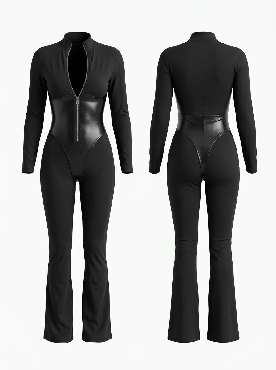 Sculpting Zipper Flare Jumpsuit with Glossy Panels