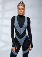 Sporty Color Block Mock Neck Long Sleeve Jumpsuit