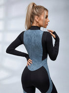 Sporty Color Block Mock Neck Long Sleeve Jumpsuit