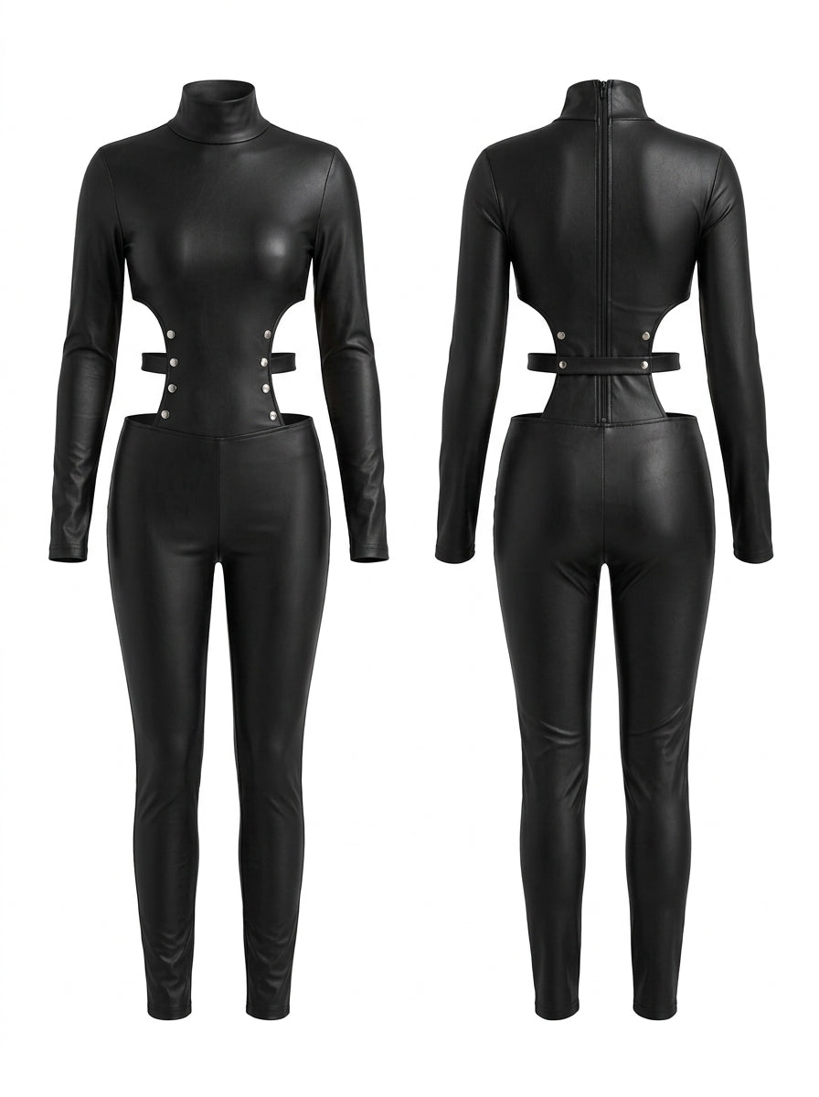 Black Faux Leather Cutout High Neck Jumpsuit