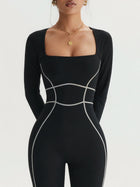 Bodycon Flared Jumpsuit with Contrast Piping