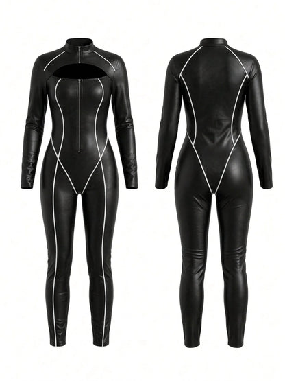Sleek Reflective Piping Faux Leather Jumpsuit