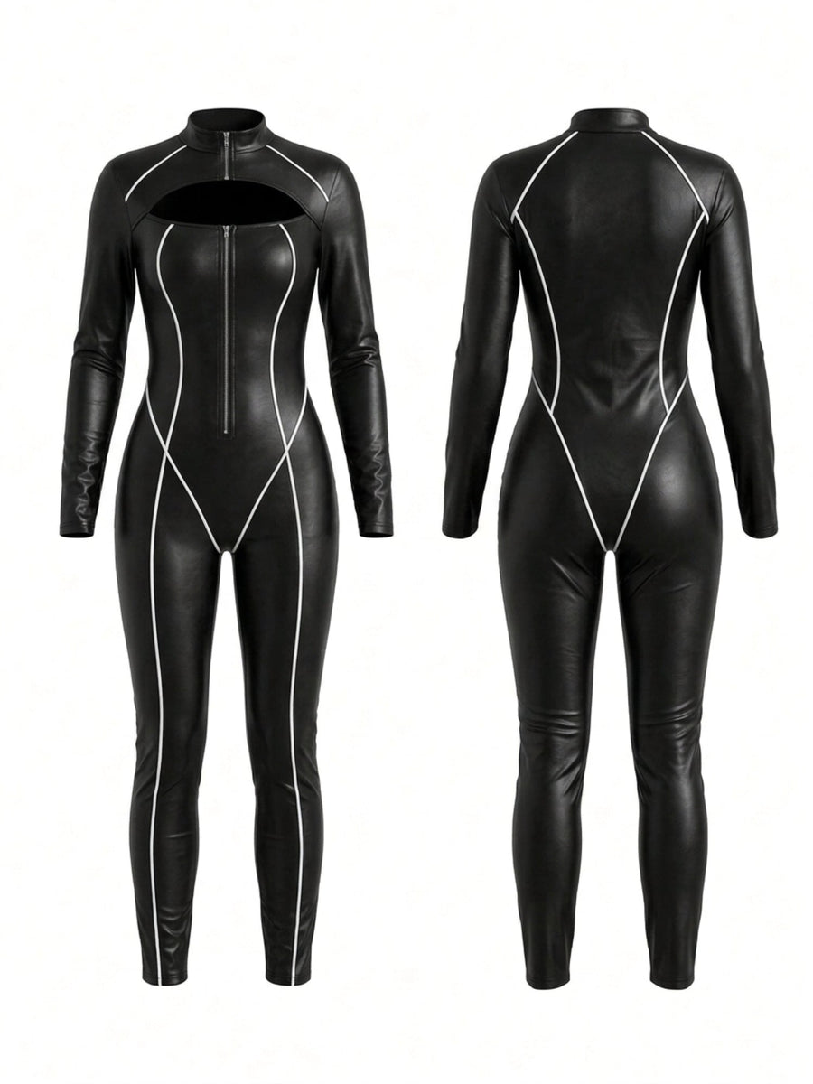 Sleek Reflective Piping Faux Leather Jumpsuit