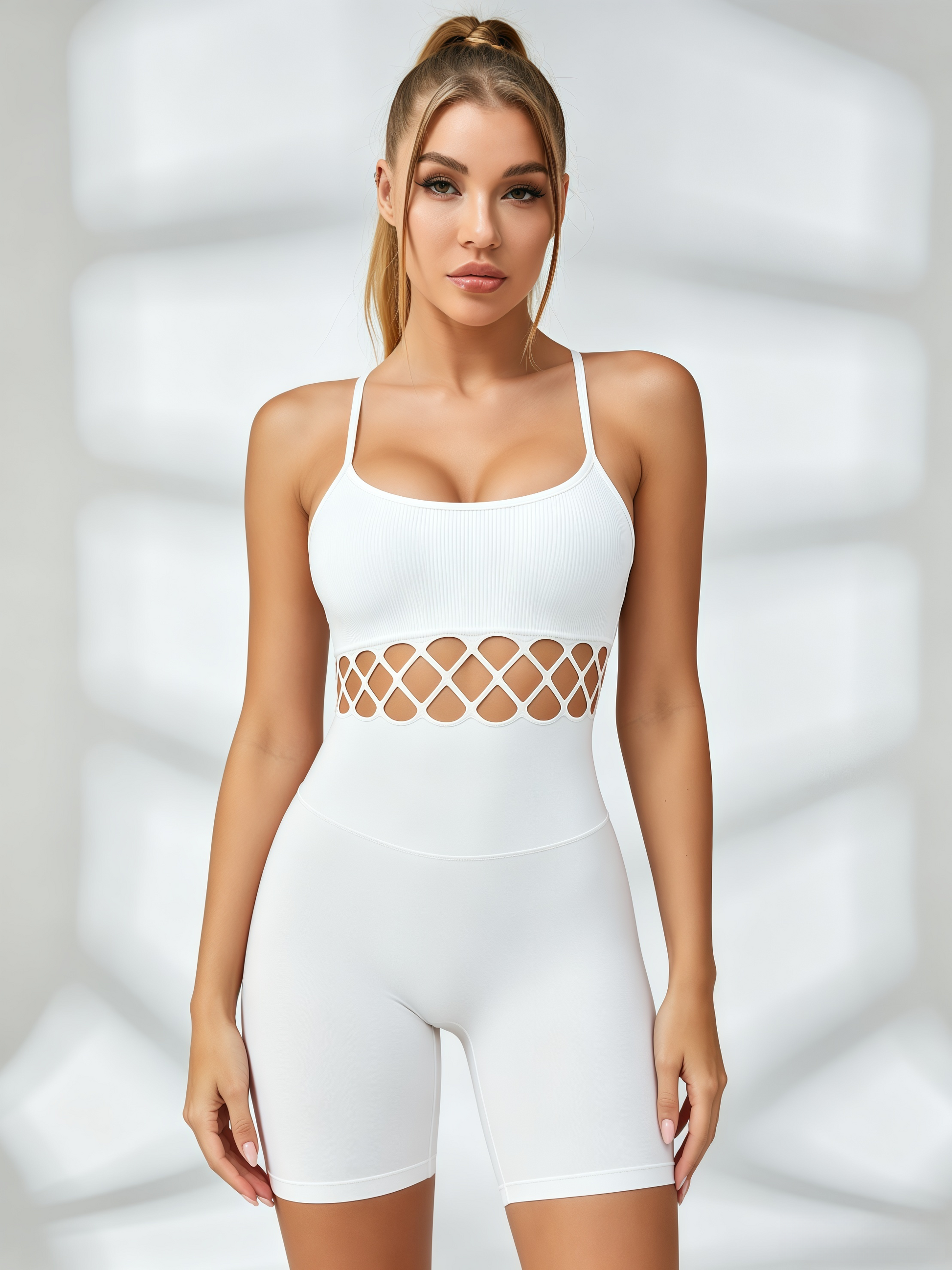 Ribbed Camisole Lattice-Cutout Compression Romper