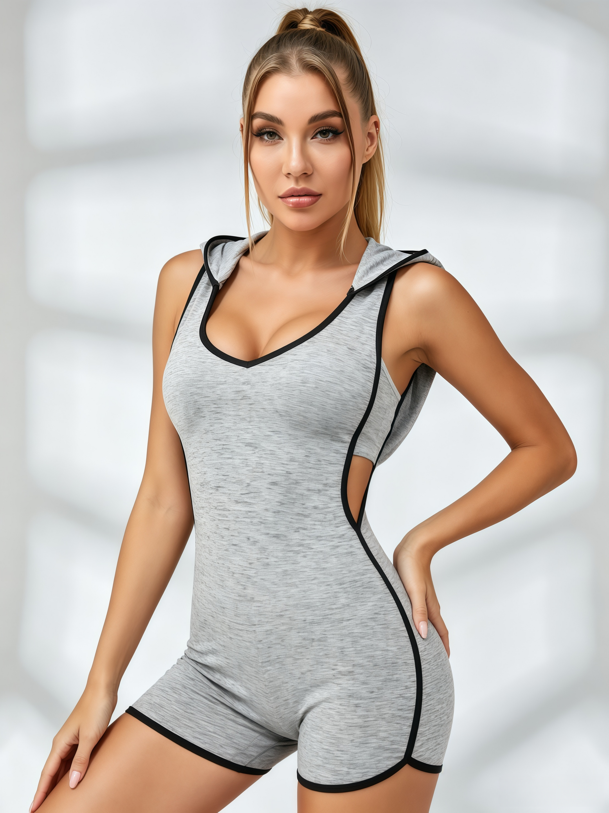 Hooded Cutout Contrast-Piping Athleisure Romper