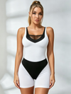 Black-and-White Mesh-Cutout Color-Block Compression Romper