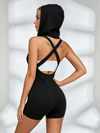 Rhinestone Crisscross Back Zip-Up Sleeveless Hooded Short Romper