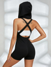 Rhinestone Crisscross Back Zip-Up Sleeveless Hooded Short Romper